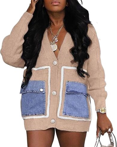 KANSOON Cardigan Sweaters for Women Casual Open Front Button Down Denim Patchwork Loose Knit Outerwear with Pockets in Saudi Arabia