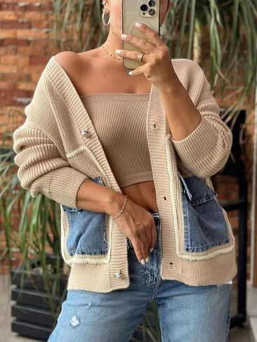KANSOON Cardigan Sweaters for Women Casual Open Front Button Down Denim Patchwork Loose Knit Outerwear with Pockets in Saudi Arabia