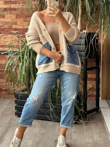 KANSOON Cardigan Sweaters for Women Casual Open Front Button Down Denim Patchwork Loose Knit Outerwear with Pockets in Saudi Arabia