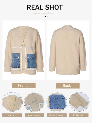 KANSOON Cardigan Sweaters for Women Casual Open Front Button Down Denim Patchwork Loose Knit Outerwear with Pockets in Saudi Arabia