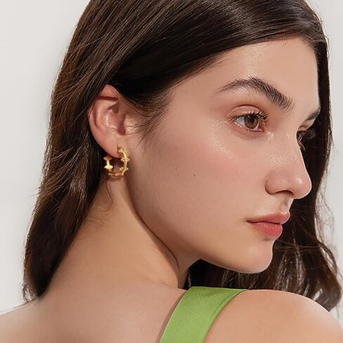 14K Gold Hoop Earrings for Women 14K Gold Earrings for Women Hoop Earring for Womens Hoops Delicately Placed Round Beads Dainty Unique Hoops Earring for Womens 25mm in Saudi Arabia