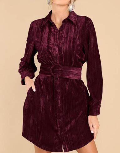 R.Vivimos Women's Shirt Dress Fall Velvet Button Down Long Sleeve Casual Mini Dress with Belt in Saudi Arabia