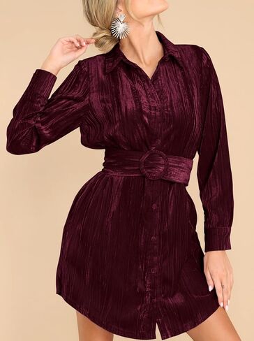 R.Vivimos Women's Shirt Dress Fall Velvet Button Down Long Sleeve Casual Mini Dress with Belt in Saudi Arabia