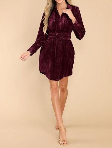 R.Vivimos Women's Shirt Dress Fall Velvet Button Down Long Sleeve Casual Mini Dress with Belt in Saudi Arabia