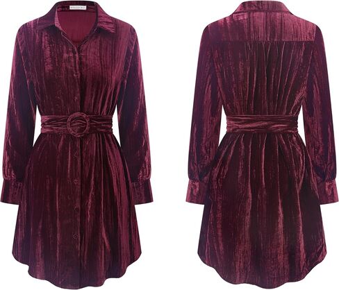 R.Vivimos Women's Shirt Dress Fall Velvet Button Down Long Sleeve Casual Mini Dress with Belt in Saudi Arabia