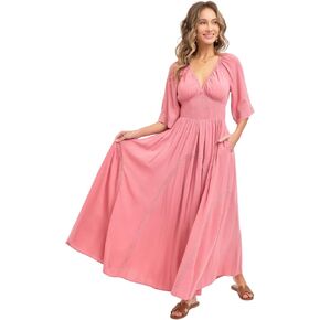 Romantic Flowy Maxi Dress, V-Neck, Smocked Bodice, Lace Trim, 100% Rayon, S-L in Saudi Arabia