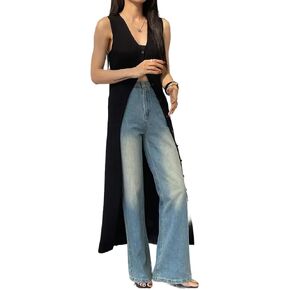 Women's Stretchy V-Neck Sleeveless Cardigan - Slim Fit Solid Knit Vest, Seasonless Long Duster for Layering in Saudi Arabia