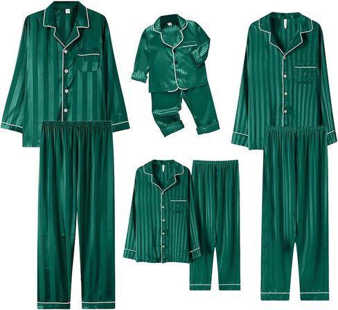 Silk Matching Christmas Pajamas for Family Striped Button Down Shirt and Pants Silky Satin Xmas Pjs Sets for Pictures in Saudi Arabia