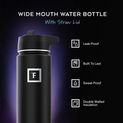 IRON °FLASK Camping & Hiking Hydration Flask, Wide Mouth, 3 Straw Lids, Stainless Steel Outdoor Water Bottle, Double Walled, Insulated Thermos, Metal Canteen - Black Speckle, 22 Oz in Kuwait