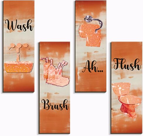 FENCORDAR 4 Pcs Orange Bathroom Decor Orange Bathroom Accessories Abstract Wall Decor Set Modern Funny Wooden Wall Art for Home Toilet Decoration, 12x4 Inches in Saudi Arabia