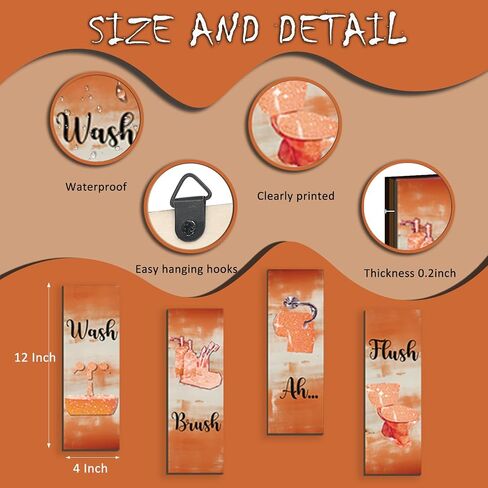 FENCORDAR 4 Pcs Orange Bathroom Decor Orange Bathroom Accessories Abstract Wall Decor Set Modern Funny Wooden Wall Art for Home Toilet Decoration, 12x4 Inches in Saudi Arabia