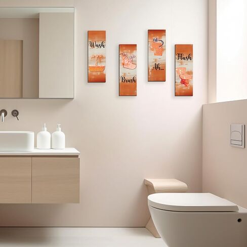 FENCORDAR 4 Pcs Orange Bathroom Decor Orange Bathroom Accessories Abstract Wall Decor Set Modern Funny Wooden Wall Art for Home Toilet Decoration, 12x4 Inches in Saudi Arabia