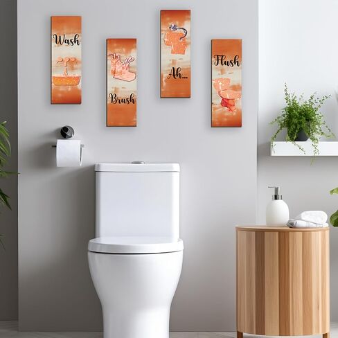 FENCORDAR 4 Pcs Orange Bathroom Decor Orange Bathroom Accessories Abstract Wall Decor Set Modern Funny Wooden Wall Art for Home Toilet Decoration, 12x4 Inches in Saudi Arabia