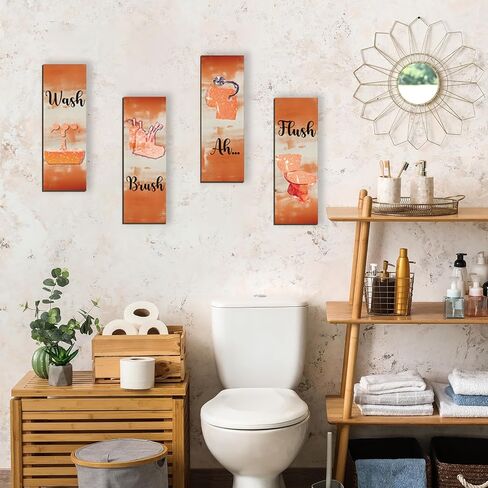 FENCORDAR 4 Pcs Orange Bathroom Decor Orange Bathroom Accessories Abstract Wall Decor Set Modern Funny Wooden Wall Art for Home Toilet Decoration, 12x4 Inches in Saudi Arabia