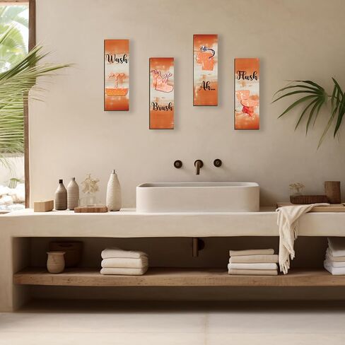 FENCORDAR 4 Pcs Orange Bathroom Decor Orange Bathroom Accessories Abstract Wall Decor Set Modern Funny Wooden Wall Art for Home Toilet Decoration, 12x4 Inches in Saudi Arabia