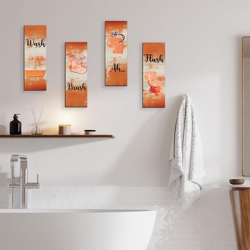 FENCORDAR 4 Pcs Orange Bathroom Decor Orange Bathroom Accessories Abstract Wall Decor Set Modern Funny Wooden Wall Art for Home Toilet Decoration, 12x4 Inches in Saudi Arabia