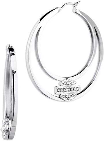 Harley-Davidson Women's Crystal Bar & Shield Logo Large Hoop Earrings, Silver in Saudi Arabia