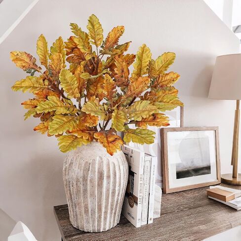 Faux Oak Leaf Branches 5 Pcs Fall Leaf Stems for Vases, 18" Fall Leaves Stems Artificial Oak Branches, Faux Oaks Branch for Autumn Decor Farmhouse Thanksgiving Centerpiece Halloween Decoration, Yellow in Saudi Arabia