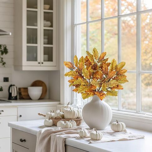 Faux Oak Leaf Branches 5 Pcs Fall Leaf Stems for Vases, 18" Fall Leaves Stems Artificial Oak Branches, Faux Oaks Branch for Autumn Decor Farmhouse Thanksgiving Centerpiece Halloween Decoration, Yellow in Saudi Arabia