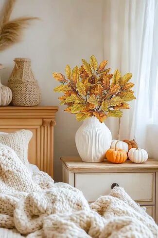 Faux Oak Leaf Branches 5 Pcs Fall Leaf Stems for Vases, 18" Fall Leaves Stems Artificial Oak Branches, Faux Oaks Branch for Autumn Decor Farmhouse Thanksgiving Centerpiece Halloween Decoration, Yellow in Saudi Arabia