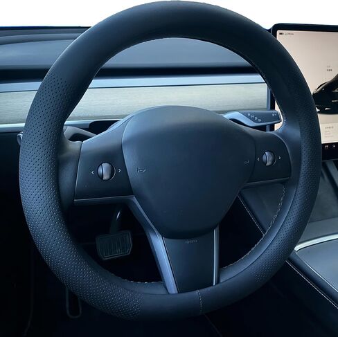 Nappa Leather Steering Wheel Cover for Tesla Model 3/Y 2016-2025 2026 Juniper/Highland, Non-Slip Breathable Tesla Model 3/Y Steering Wheel Protector, Black (Black-Anti-Slip Design) in Saudi Arabia
