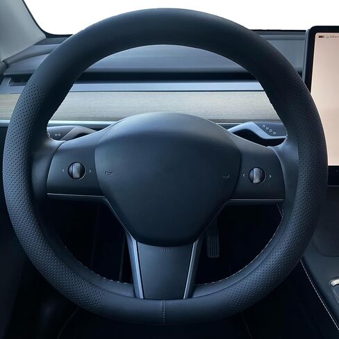 Nappa Leather Steering Wheel Cover for Tesla Model 3/Y 2016-2025 2026 Juniper/Highland, Non-Slip Breathable Tesla Model 3/Y Steering Wheel Protector, Black (Black-Anti-Slip Design) in Saudi Arabia