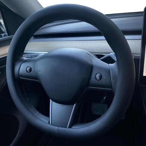 Nappa Leather Steering Wheel Cover for Tesla Model 3/Y 2016-2025 2026 Juniper/Highland, Non-Slip Breathable Tesla Model 3/Y Steering Wheel Protector, Black (Black-Anti-Slip Design) in Saudi Arabia