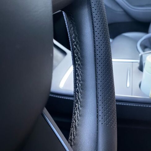 Nappa Leather Steering Wheel Cover for Tesla Model 3/Y 2016-2025 2026 Juniper/Highland, Non-Slip Breathable Tesla Model 3/Y Steering Wheel Protector, Black (Black-Anti-Slip Design) in Saudi Arabia