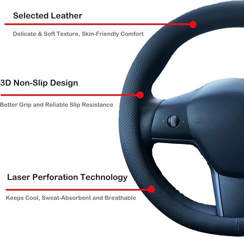 Nappa Leather Steering Wheel Cover for Tesla Model 3/Y 2016-2025 2026 Juniper/Highland, Non-Slip Breathable Tesla Model 3/Y Steering Wheel Protector, Black (Black-Anti-Slip Design) in Saudi Arabia