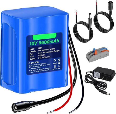 Rechargeable 12V 5600mAh Li-ion Battery, Bare Leads Wire Replacement Battery Pack with Charger Compatible with 12V Devices Robot,RC car, Solar Panels, DIY, LED Light Strip, CCTV Camera etc in Kuwait