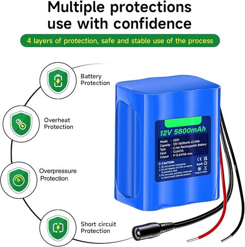 Rechargeable 12V 5600mAh Li-ion Battery, Bare Leads Wire Replacement Battery Pack with Charger Compatible with 12V Devices Robot,RC car, Solar Panels, DIY, LED Light Strip, CCTV Camera etc in Kuwait