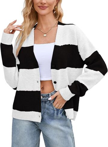 Unisex Striped Cardigan Sweaters Open Front Long Sleeve Oversized Button V Neck Knit Outwear in Saudi Arabia