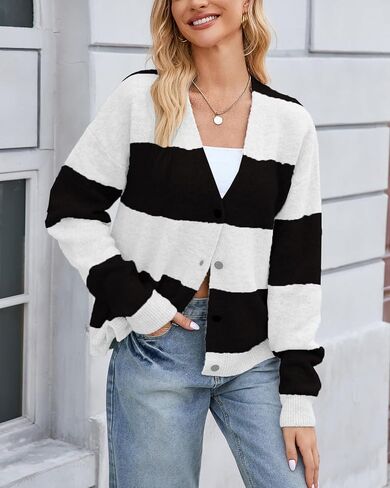 Unisex Striped Cardigan Sweaters Open Front Long Sleeve Oversized Button V Neck Knit Outwear in Saudi Arabia