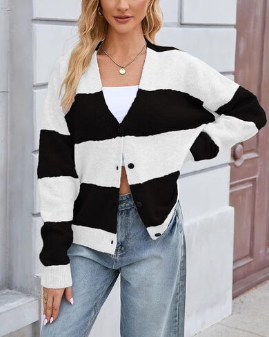 Unisex Striped Cardigan Sweaters Open Front Long Sleeve Oversized Button V Neck Knit Outwear in Saudi Arabia