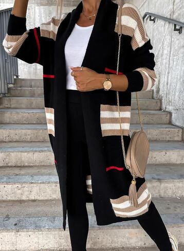 سترة صوفية طويلة مخططة ومفتوحة من الأمام للنساء من ebossy مع جيوب in Kuwait