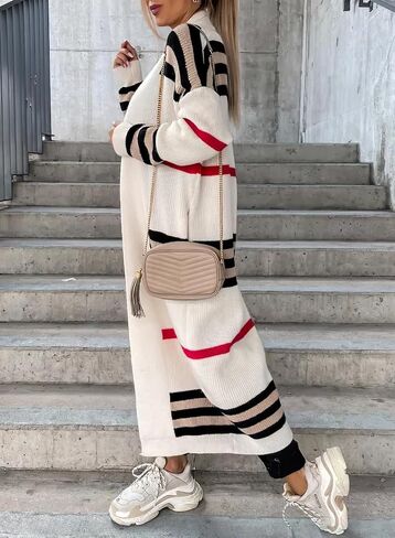 سترة صوفية طويلة مخططة ومفتوحة من الأمام للنساء من ebossy مع جيوب in Kuwait
