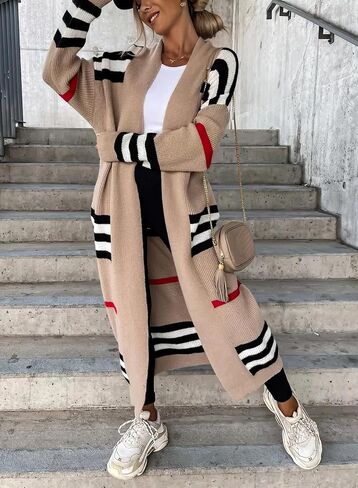 سترة صوفية طويلة مخططة ومفتوحة من الأمام للنساء من ebossy مع جيوب in Kuwait