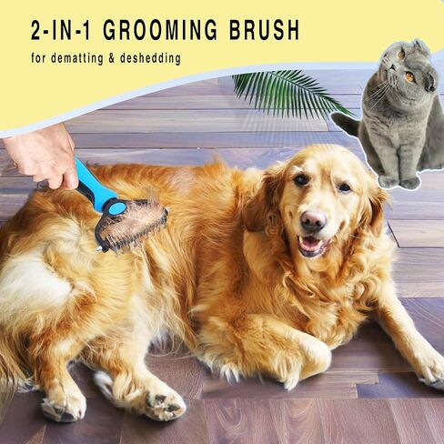 2-in-1 Dog Brush for Shedding - Deshedding Tool, Flea Comb, and Undercoat Rake for Long & Short Haired Dogs, Pet Grooming Kit with Glove in Kuwait