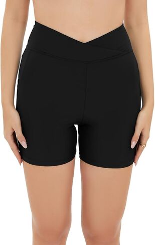 Women's High Waisted Swim Shorts Board Shorts Cross Waist Beach Surf Swimsuits Bottoms with Pockets in Saudi Arabia