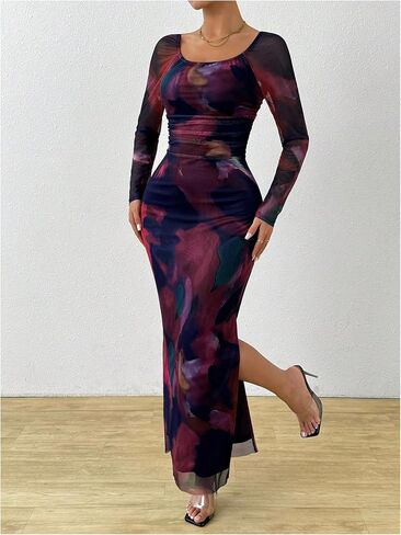 GORGLITTER Women's Tie Dye Mesh Off Shoulder Dresses Ruched Long Sleeve Bodycon Maxi Party Dress in Saudi Arabia