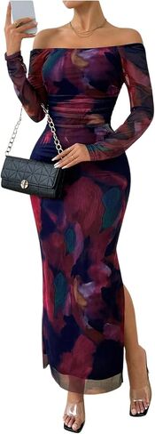 GORGLITTER Women's Tie Dye Mesh Off Shoulder Dresses Ruched Long Sleeve Bodycon Maxi Party Dress in Saudi Arabia