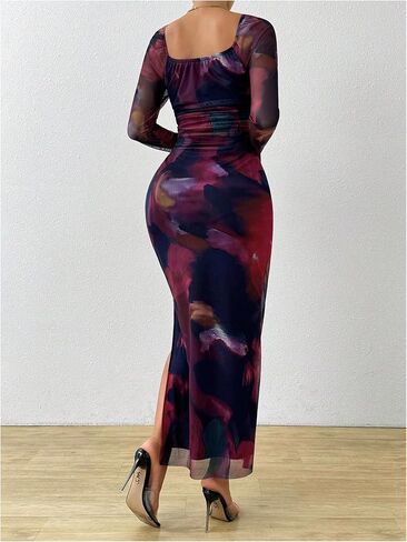 GORGLITTER Women's Tie Dye Mesh Off Shoulder Dresses Ruched Long Sleeve Bodycon Maxi Party Dress in Saudi Arabia