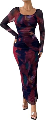 GORGLITTER Women's Tie Dye Mesh Off Shoulder Dresses Ruched Long Sleeve Bodycon Maxi Party Dress in Saudi Arabia