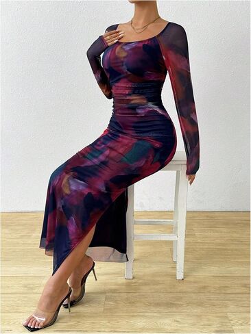 GORGLITTER Women's Tie Dye Mesh Off Shoulder Dresses Ruched Long Sleeve Bodycon Maxi Party Dress in Saudi Arabia