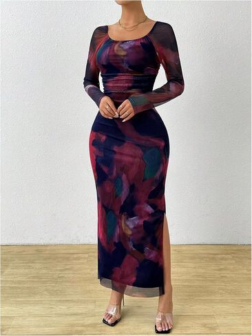 GORGLITTER Women's Tie Dye Mesh Off Shoulder Dresses Ruched Long Sleeve Bodycon Maxi Party Dress in Saudi Arabia