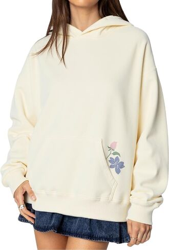 Women Oversized Floral Graphic Hoodie Sweatshirt Hoodies Pullover Cotton Blend Y2k Casual Winter Fall Clothes Pale Yellow in Saudi Arabia