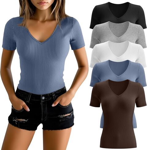 Huukeay 5 Pack Women's Cotton V Neck T-Shirts Multipack Short Sleeve Slim Casual Ribbed Tops 2025 Summer Basic Tee in Kuwait
