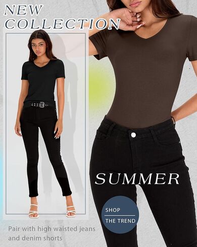 Huukeay 5 Pack Women's Cotton V Neck T-Shirts Multipack Short Sleeve Slim Casual Ribbed Tops 2025 Summer Basic Tee in Kuwait