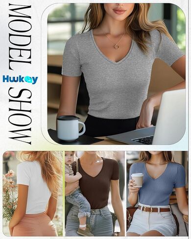 Huukeay 5 Pack Women's Cotton V Neck T-Shirts Multipack Short Sleeve Slim Casual Ribbed Tops 2025 Summer Basic Tee in Kuwait