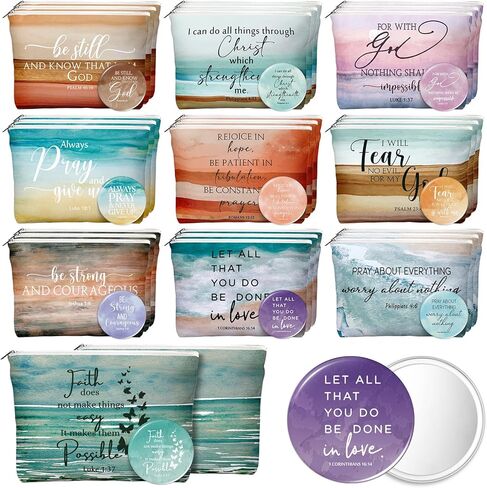 Reginary 30 Set Christian Gifts for Women 30 Religious Canvas Makeup Bags 30 Bible Verse Compact Mirrors Church Gifts for Ladies Group Pastor's Wife Clergy Appreciation(Neutral Colors,Aesthetic Style) in Saudi Arabia